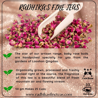 Tea packaging with baby rose buds and a tea scoop, featuring Radhika's Fine Teas branding.