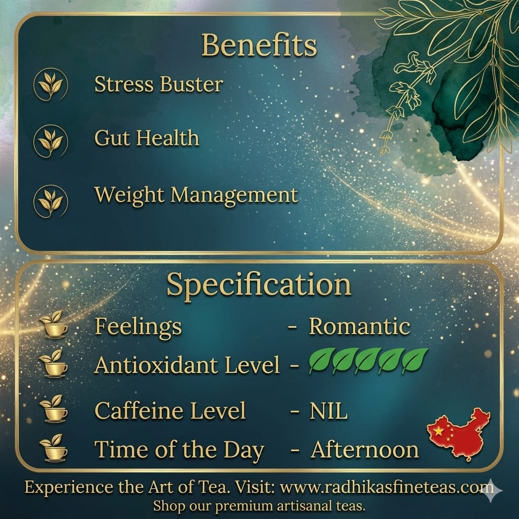 Tea benefits and specifications with decorative elements on a blue background
