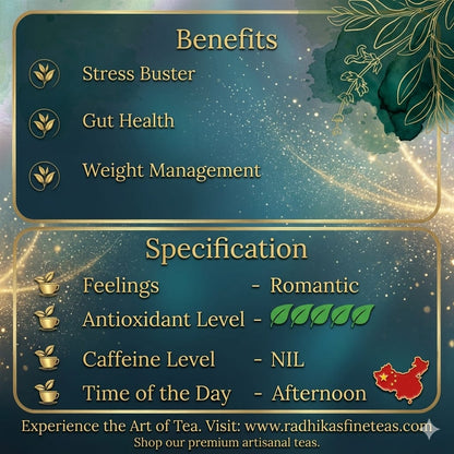 Tea benefits and specifications with decorative elements on a blue background
