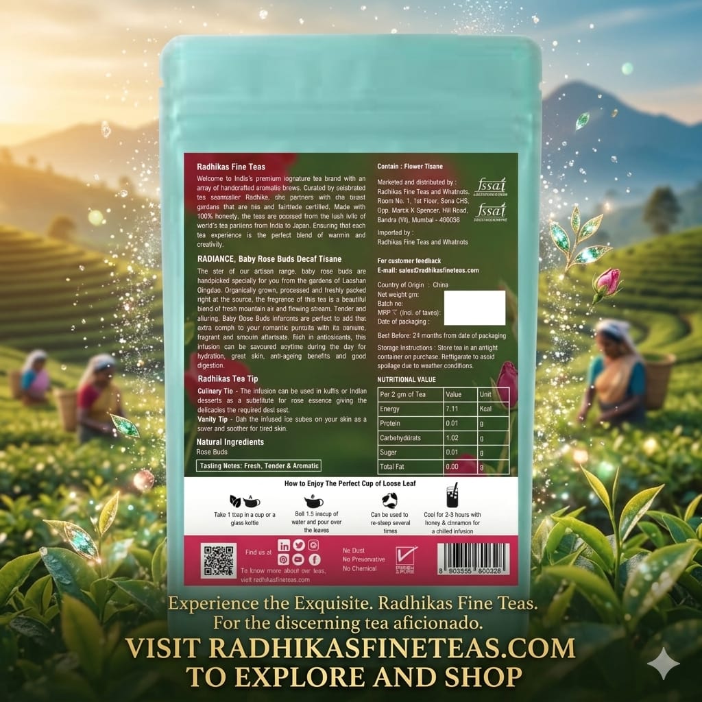 Tea package with scenic tea field background