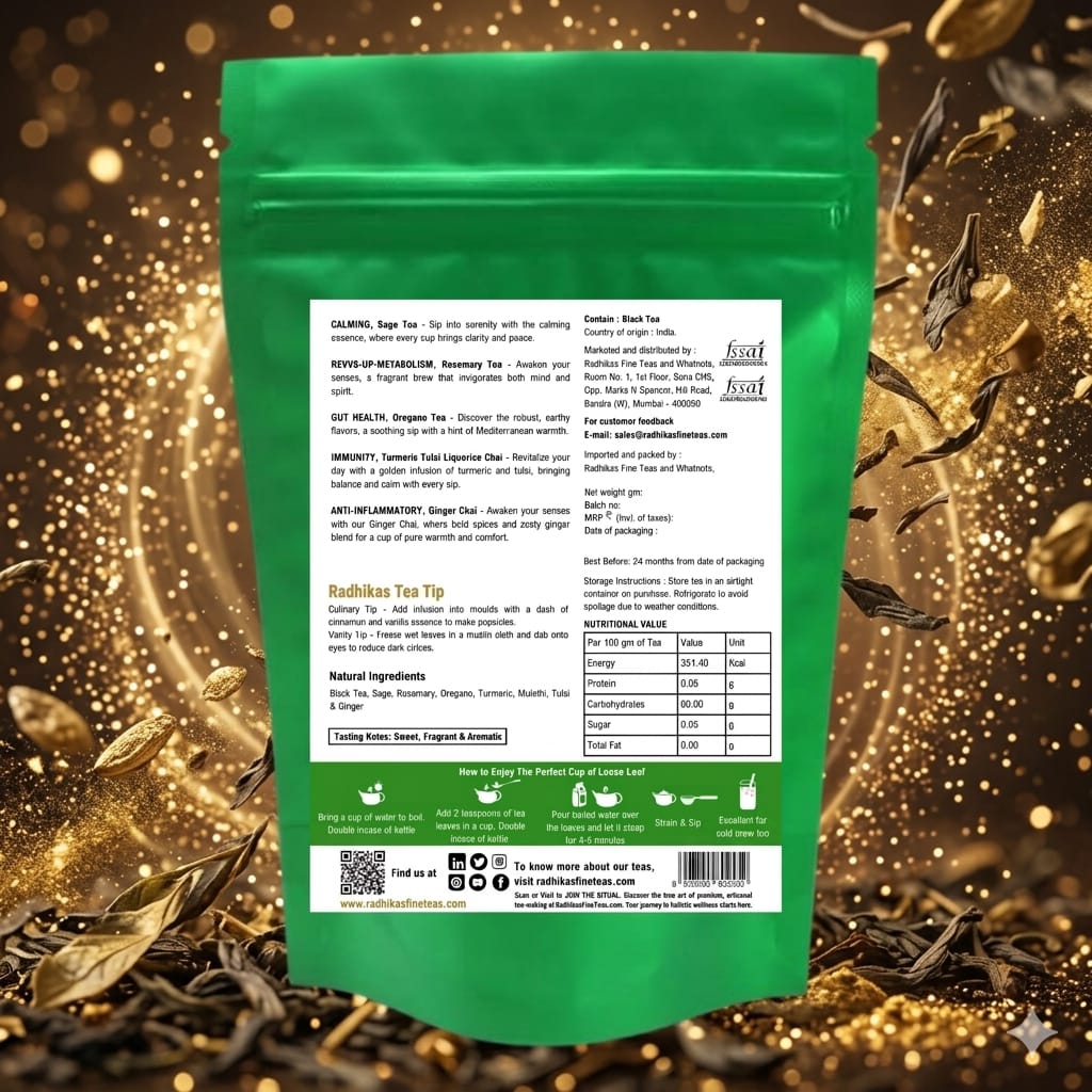 Green tea package with nutritional information on a golden background