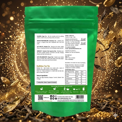 Green tea package with nutritional information on a golden background