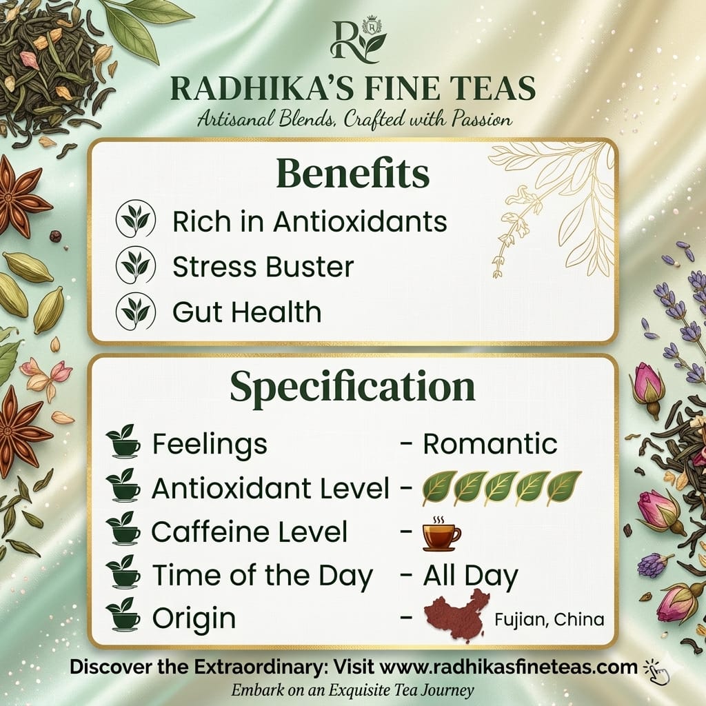 Promotional graphic for Radhika's Fine Teas with tea benefits and specifications.