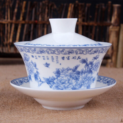 Gaiwan The Brewing Cup With Saucer Blue Rose Print - The Oriental Teacup Saucer And Lid