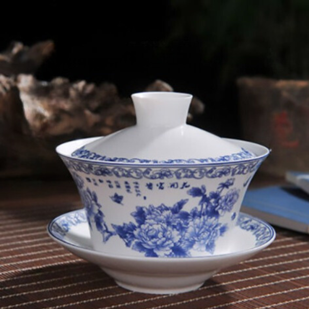 Gaiwan The Brewing Cup With Saucer Blue Rose Print - The Oriental Teacup Saucer And Lid