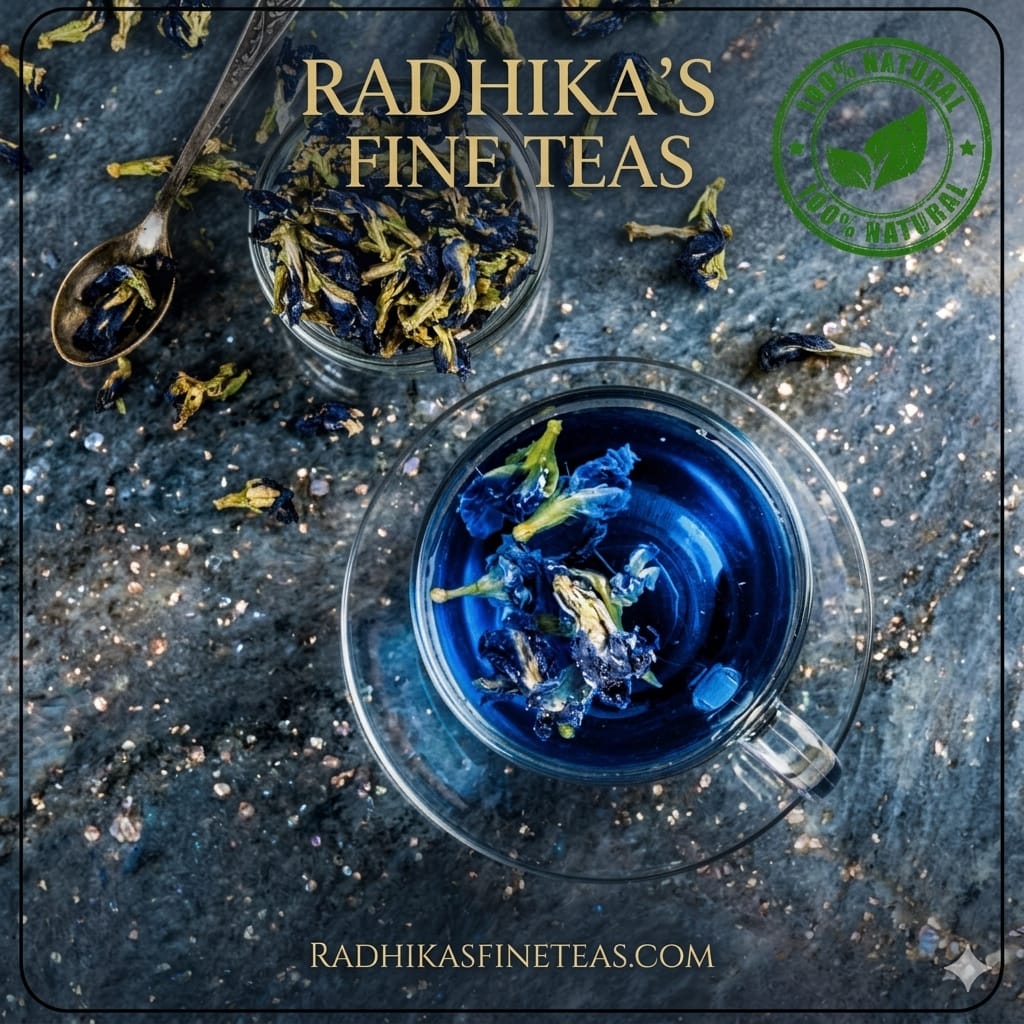 Tea cup with blue tea leaves and a bowl of tea leaves on a dark surface, featuring Radhika's Fine Teas branding.