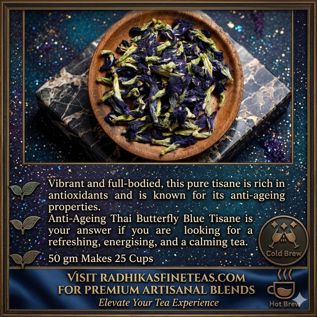 Wooden bowl with butterfly pea flowers on a dark background with promotional text.