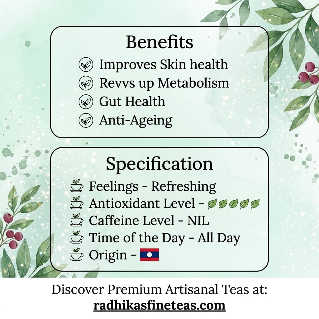 Tea benefits and specifications with a decorative background