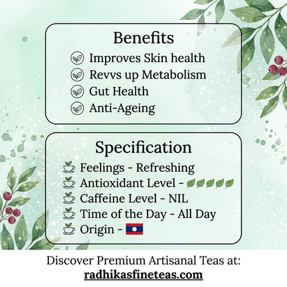 Tea benefits and specifications with a decorative background