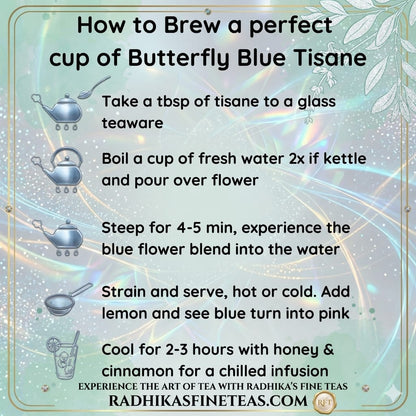 Instructions for brewing Butterfly Blue Tisane with teapots and a glass on a decorative background.