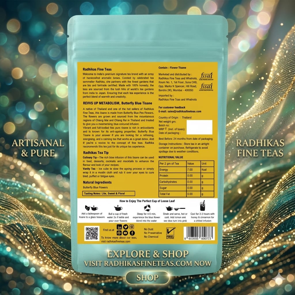 Tea package with yellow label on a decorative background