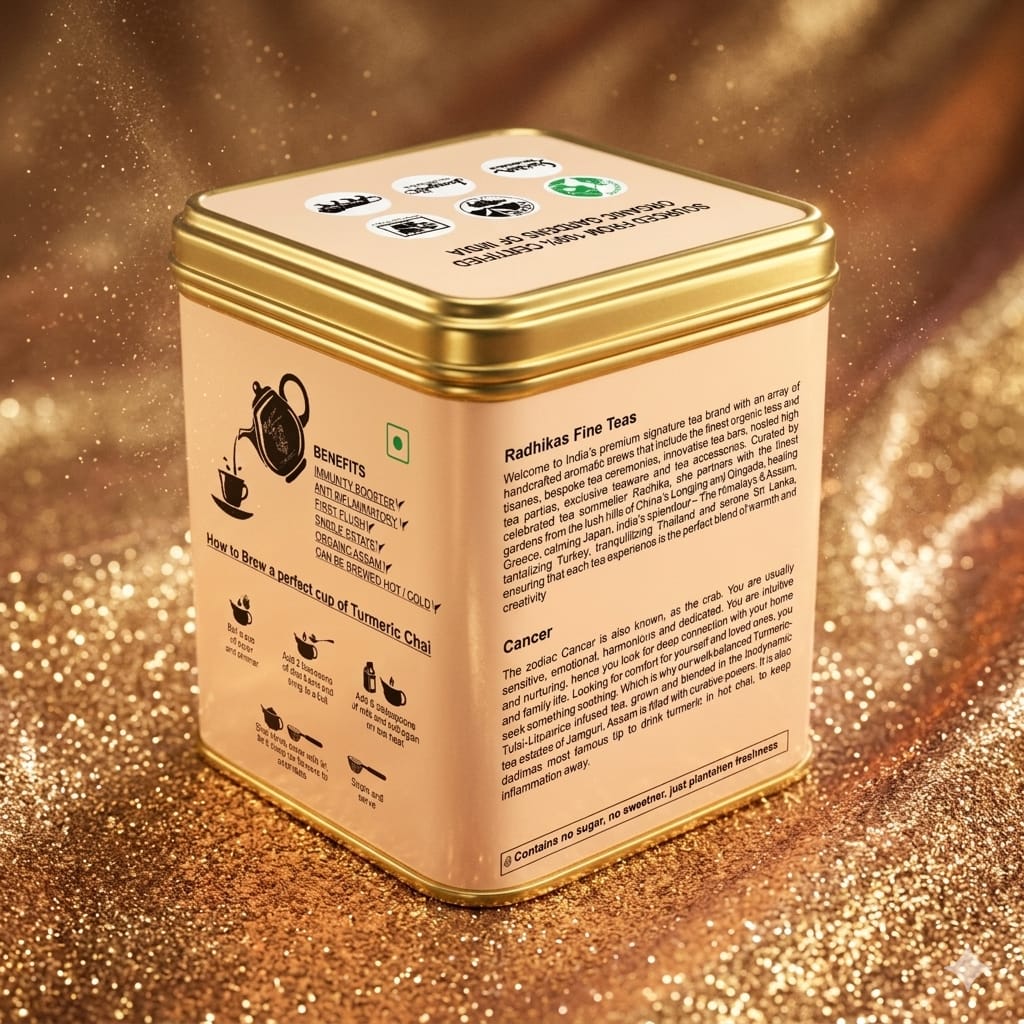 Gold and beige tea tin with text and graphics on a glittery gold background