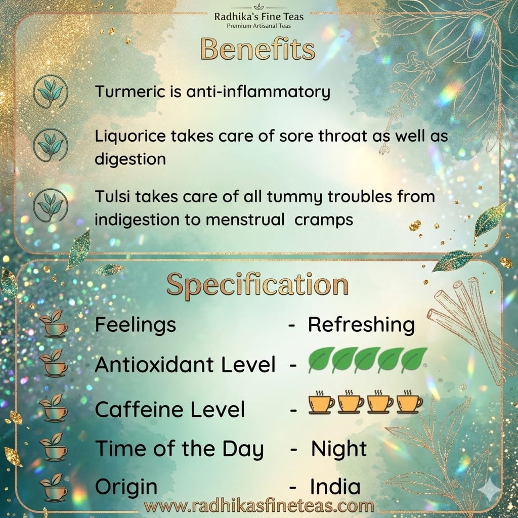 Tea benefits and specifications with decorative elements on a teal background