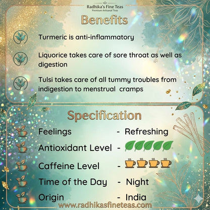 Tea benefits and specifications with decorative elements on a teal background