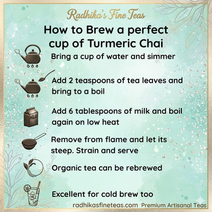 Instructions for brewing a perfect cup of Turmeric Chai with Radhika's Fine Teas on a decorative background.