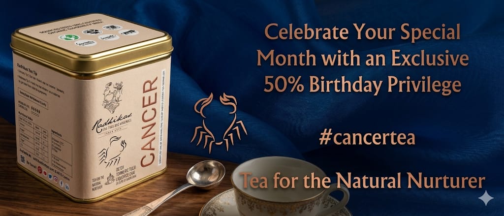 Cancer zodiac tea canister with a cup of tea and spoon on a wooden surface, against a blue background with promotional text.