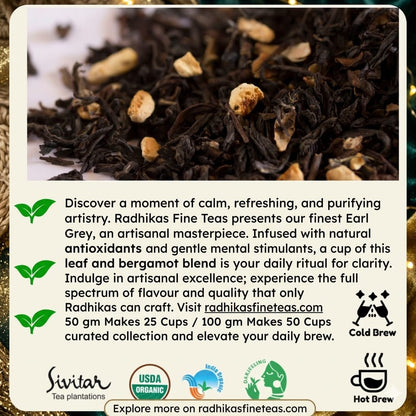 Tea leaves with promotional text for Radhika's Fine Teas Earl Grey tea.
