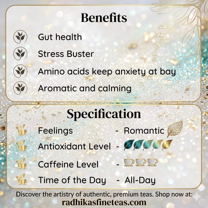 Tea benefits and specifications with decorative elements on a light background
