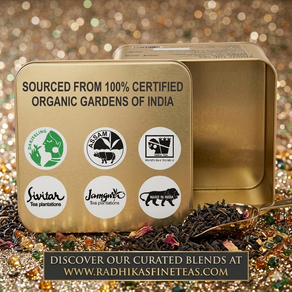 Gold tea tin with organic certification logos and tea leaves on a glittery background