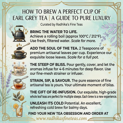 Instructions on how to brew a perfect cup of Earl Grey tea with decorative elements and branding.