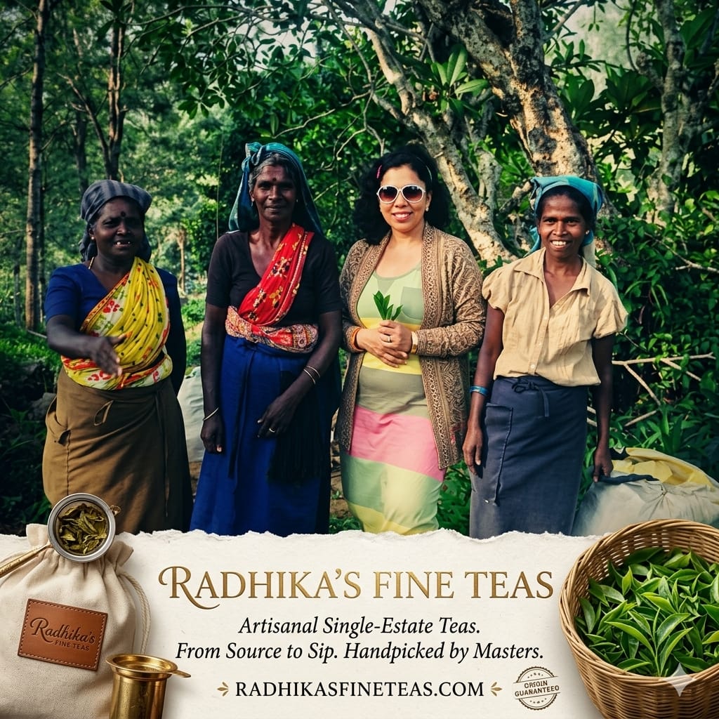 Four women standing outdoors with Radhika's Fine Teas branding and tea products.