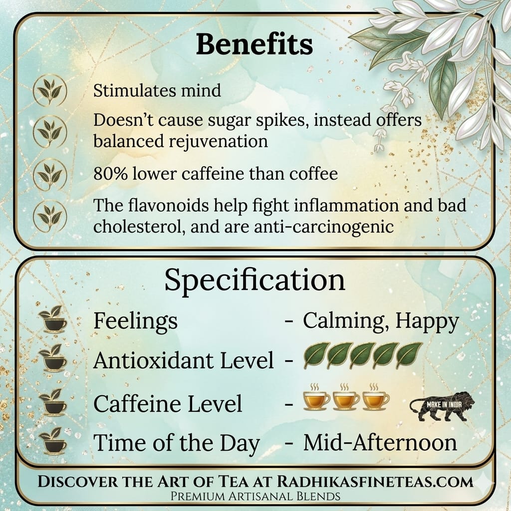 Tea benefits and specifications card with decorative elements