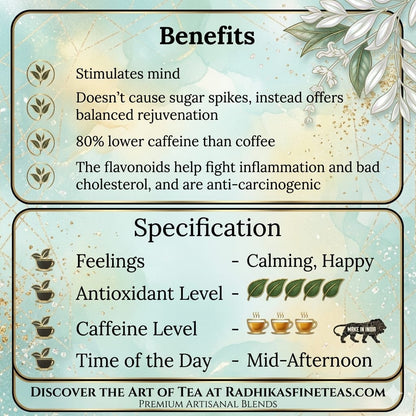 Tea benefits and specifications card with decorative elements