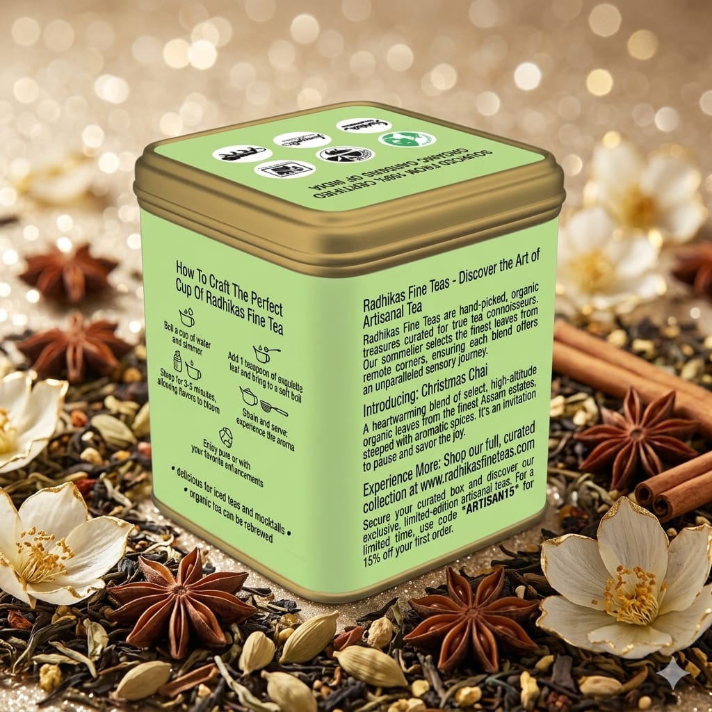 Tea tin surrounded by tea leaves, flowers, and spices on a blurred background