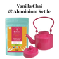 A pink and blue tea set comprising a kettle and a packaged tea product, with the brand name 'Radhikas' visible on the packaging.