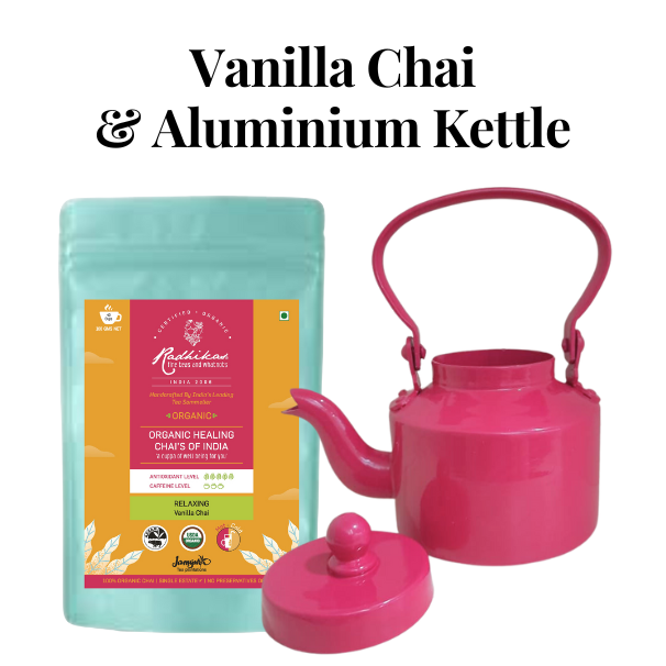 A pink and blue tea set comprising a kettle and a packaged tea product, with the brand name 'Radhikas' visible on the packaging.