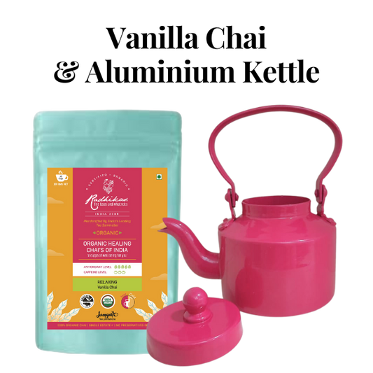 A pink and blue tea set comprising a kettle and a packaged tea product, with the brand name 'Radhikas' visible on the packaging.