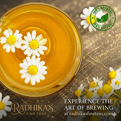 Tea with daisies in a glass cup on a gold background, featuring Radhika's Fine Teas branding.