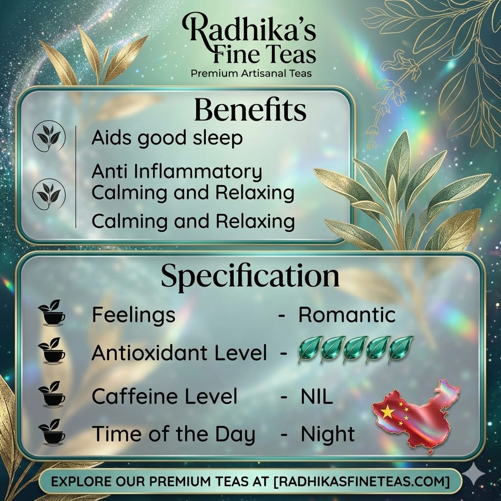 Advertisement for Radhika's Fine Teas with benefits and specifications listed.