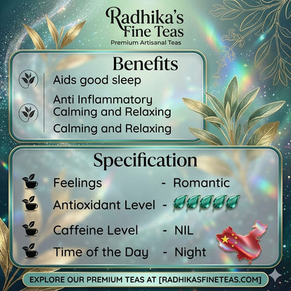 Advertisement for Radhika's Fine Teas with benefits and specifications listed.
