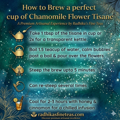 Instructions for brewing chamomile flower tisane with decorative elements on a teal background.
