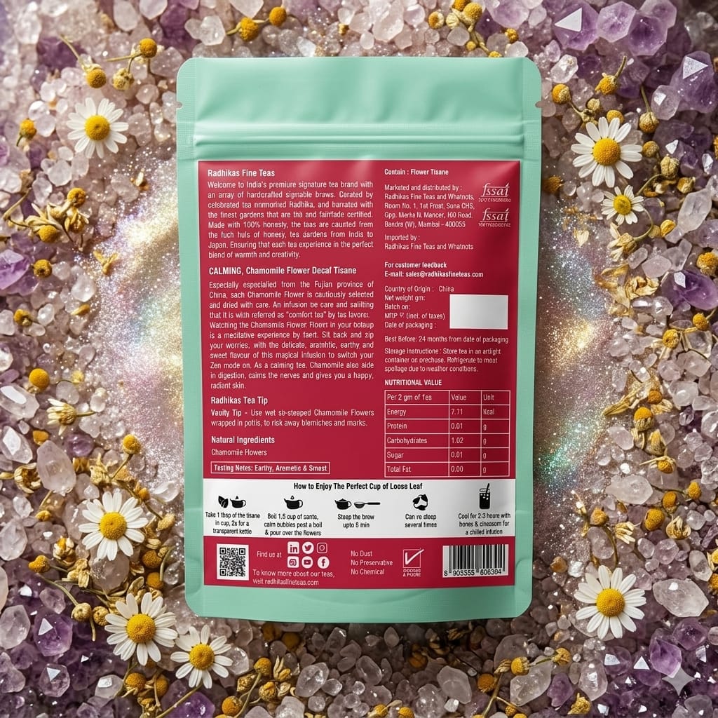 Tea package with a red label on a decorative background with flowers and crystals