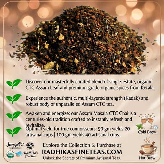 Assam Masala CTC Chai tea blend with product description on a decorative background