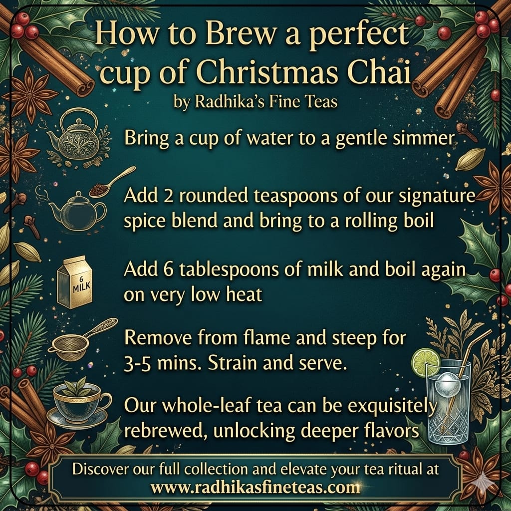 Instructions for brewing Christmas Chai tea with decorative elements on a dark background