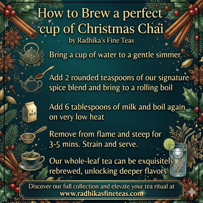 Instructions for brewing Christmas Chai tea with decorative elements on a dark background