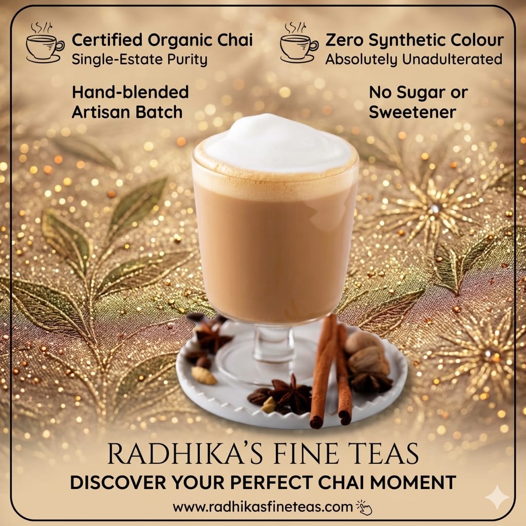 Promotional image of a chai tea with decorative elements and text about Radhika's Fine Teas.