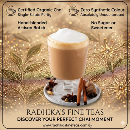Promotional image of a chai tea with decorative elements and text about Radhika's Fine Teas.