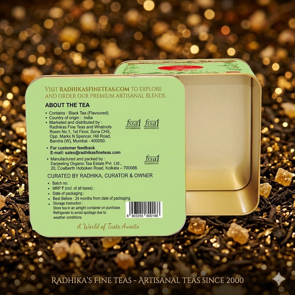Tea packaging with green label on a glittery gold background