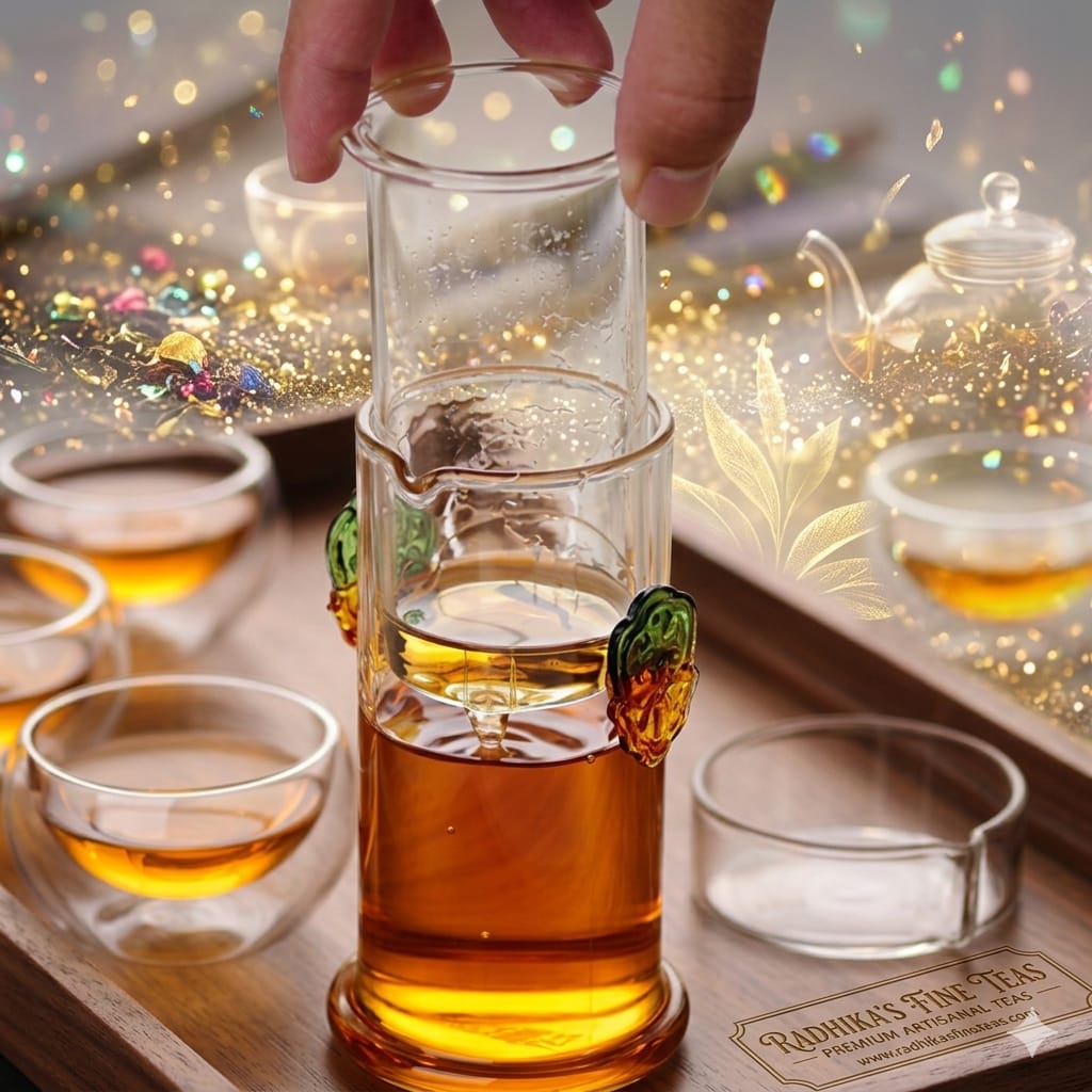 Glass teapot with tea being poured into small cups on a wooden tray.