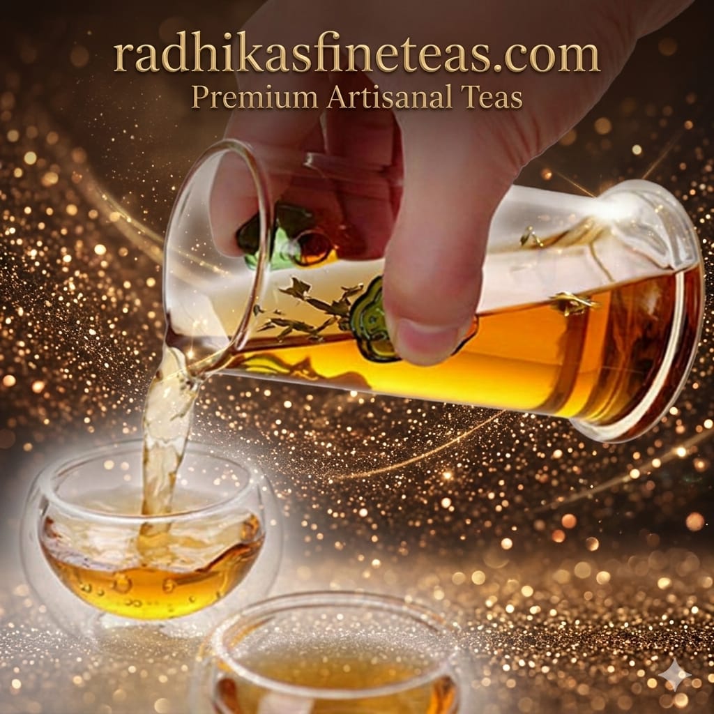 Tea being poured from a glass teapot into a cup with a glittery background, featuring Radhika's Fine Teas branding.