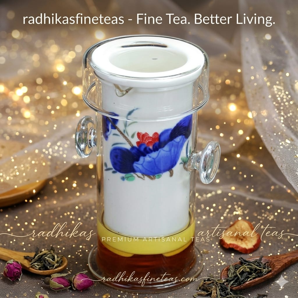 Decorative tea infuser with floral design on a glittery background, featuring 'radhikasfineteas' branding.