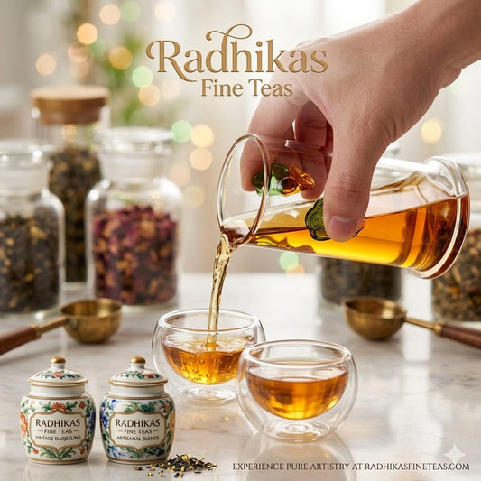 Person pouring tea from a glass jar into two cups with Radhikas Fine Teas branding.