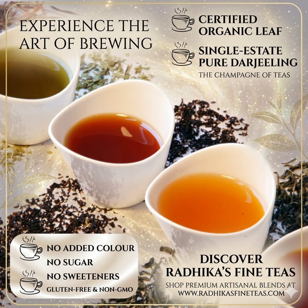 Three cups of tea with tea leaves and text about Radhika's Fine Teas.