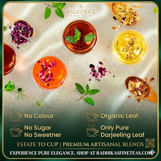 Tea cups with different tea types and ingredients on a textured surface, featuring Radhika's Fine Teas branding.