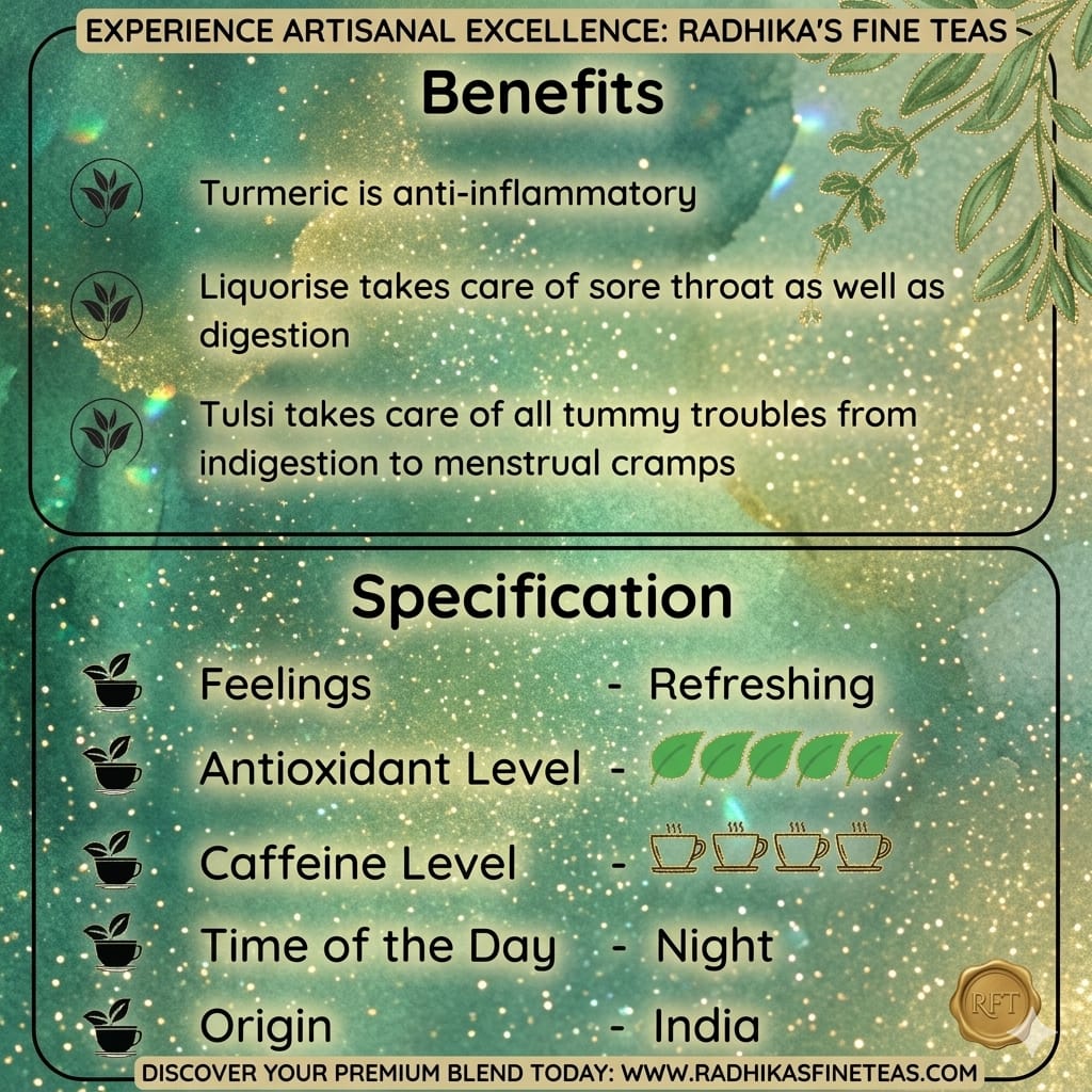 Promotional graphic for Radhika's Fine Teas with benefits and specifications of their product.