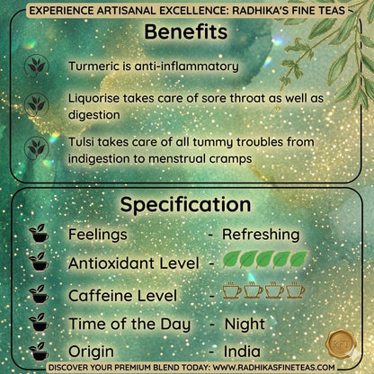 Promotional graphic for Radhika's Fine Teas with benefits and specifications of their product.